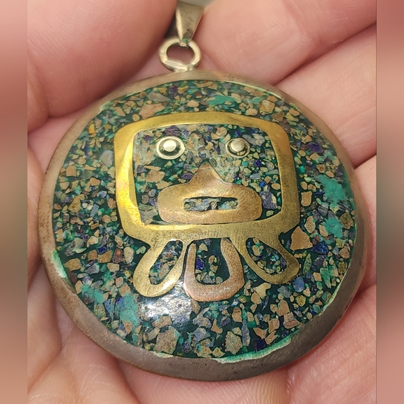 Vintage Sterling Silver and copper Aztec/Mayan motif Pendant (2 Sided )
